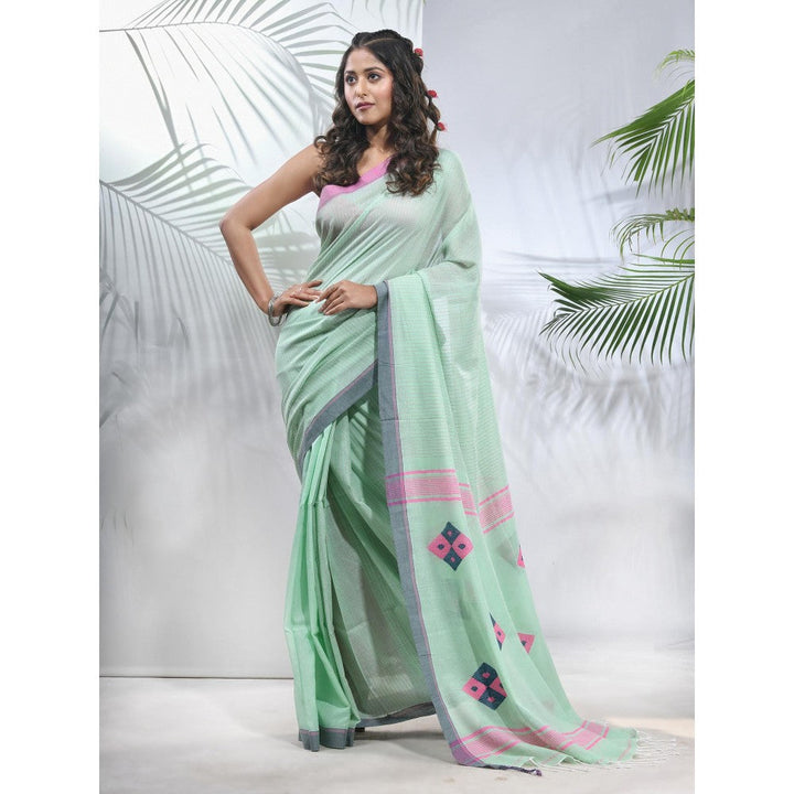 CHARUKRITI Mint Green Cotton Saree with Stripes Pattern with Unstitched Blouse