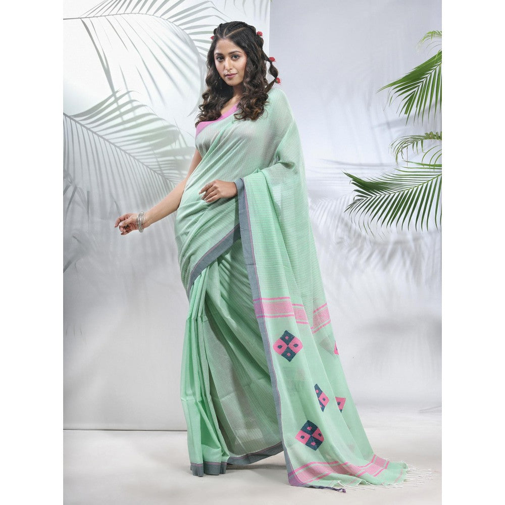 CHARUKRITI Mint Green Cotton Saree with Stripes Pattern with Unstitched Blouse