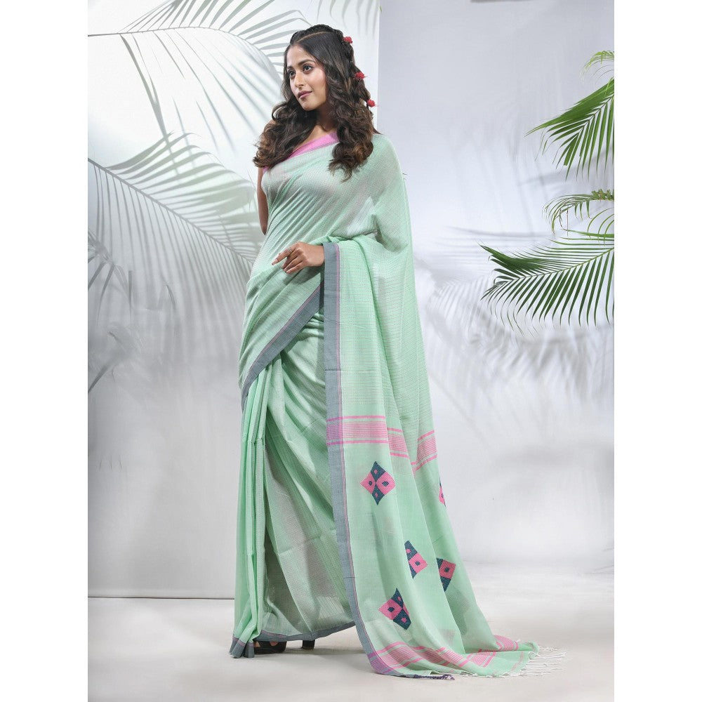 CHARUKRITI Mint Green Cotton Saree with Stripes Pattern with Unstitched Blouse