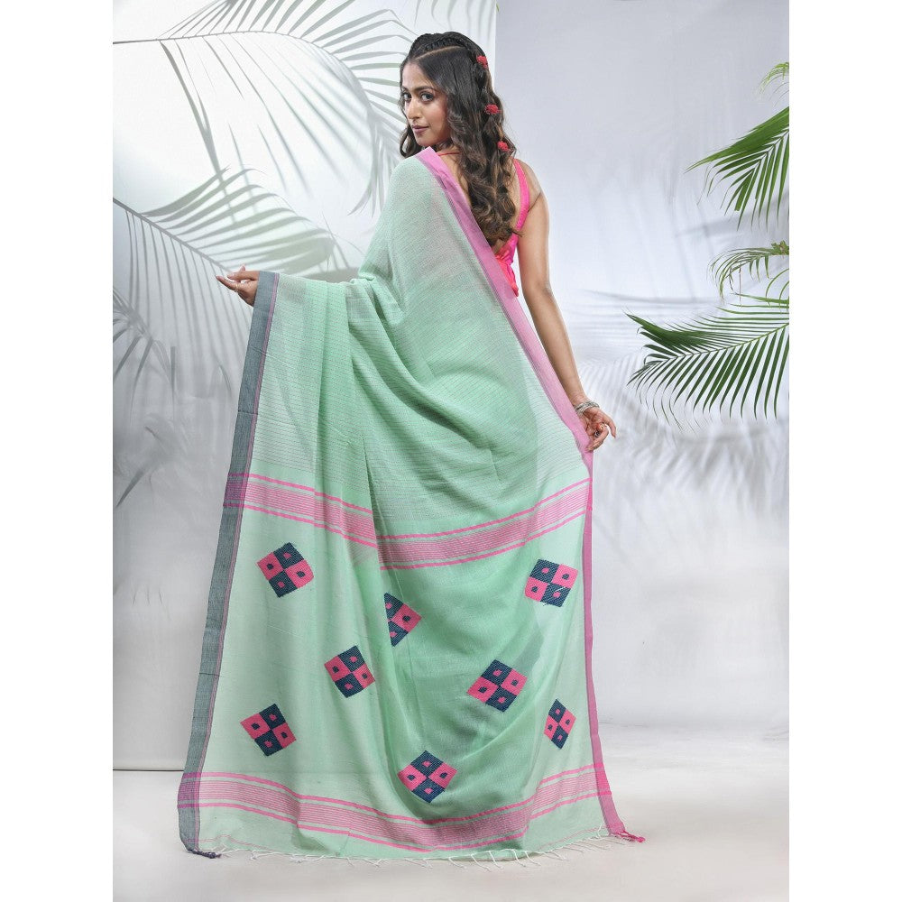 CHARUKRITI Mint Green Cotton Saree with Stripes Pattern with Unstitched Blouse