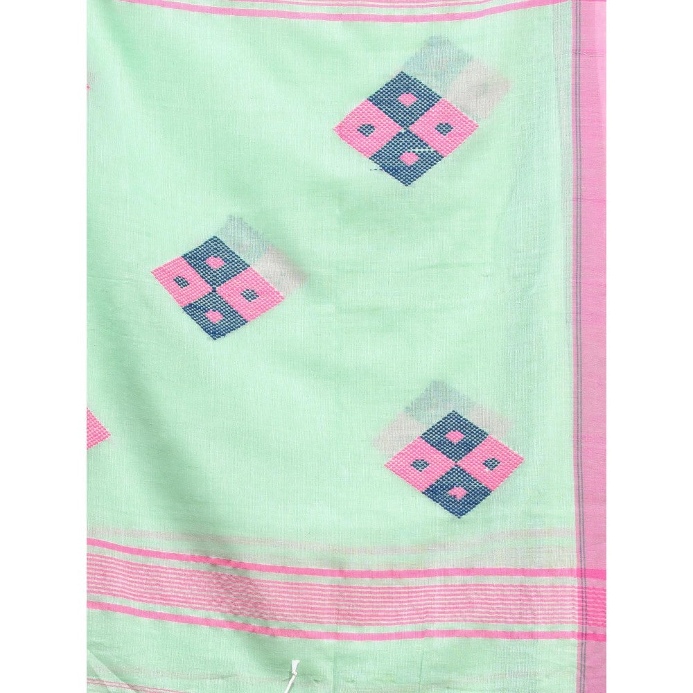 CHARUKRITI Mint Green Cotton Saree with Stripes Pattern with Unstitched Blouse