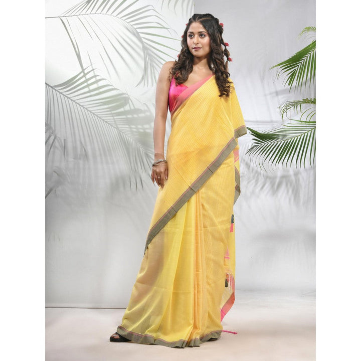 CHARUKRITI Yellow Cotton Saree with Stripes Pattern with Unstitched Blouse