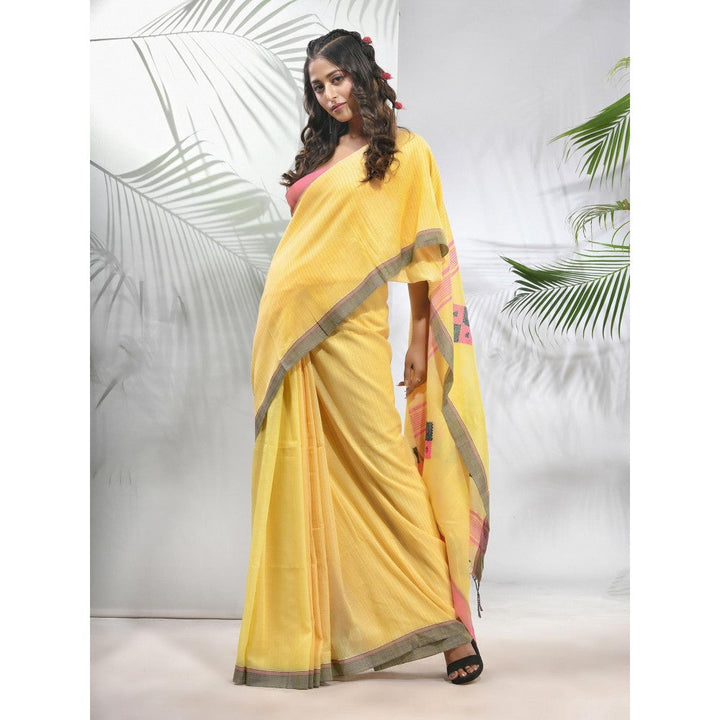 CHARUKRITI Yellow Cotton Saree with Stripes Pattern with Unstitched Blouse