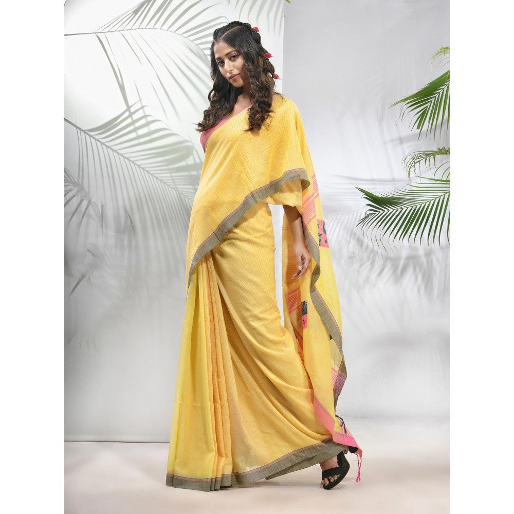 CHARUKRITI Yellow Cotton Saree with Stripes Pattern with Unstitched Blouse