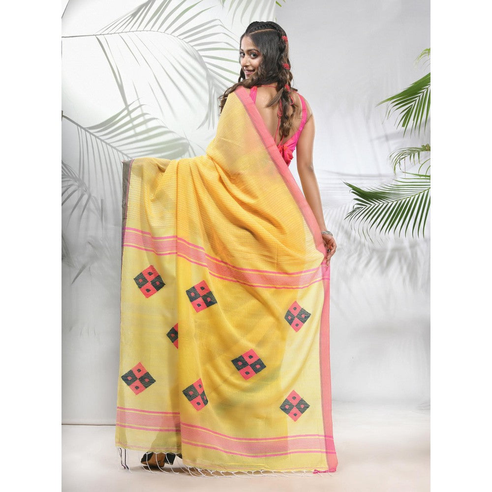 CHARUKRITI Yellow Cotton Saree with Stripes Pattern with Unstitched Blouse