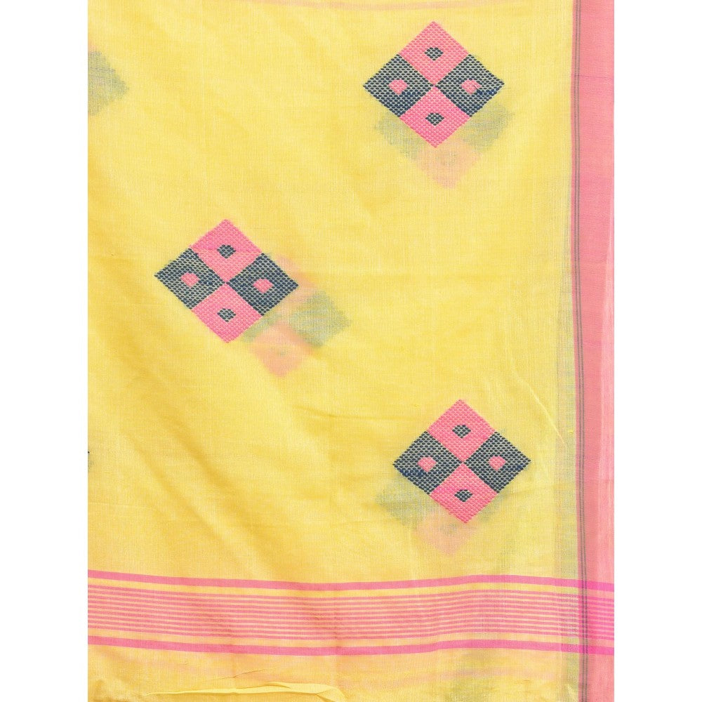 CHARUKRITI Yellow Cotton Saree with Stripes Pattern with Unstitched Blouse