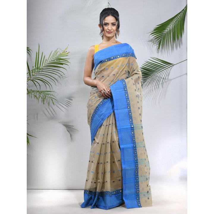 CHARUKRITI Ecru Pure Cotton Tant Woven Designs Saree Woven Designs without Blouse