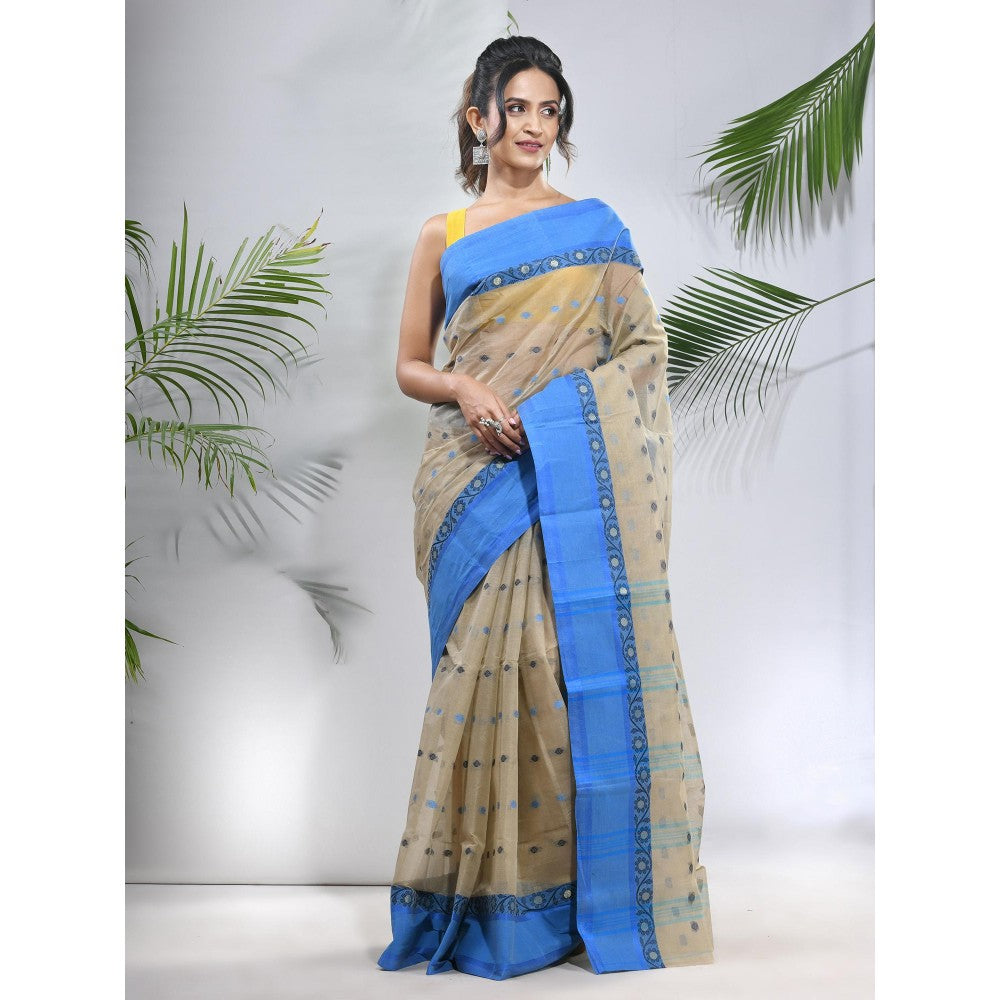 CHARUKRITI Ecru Pure Cotton Tant Woven Designs Saree Woven Designs without Blouse