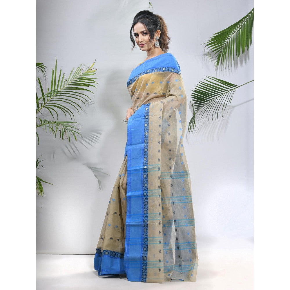 CHARUKRITI Ecru Pure Cotton Tant Woven Designs Saree Woven Designs without Blouse