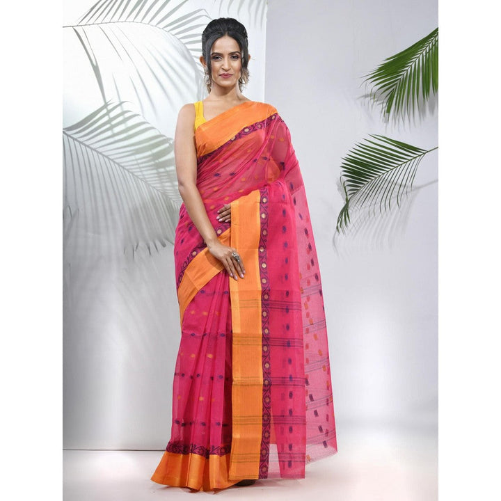 CHARUKRITI Fuchsia Pure Cotton Tant Woven Designs Saree without Blouse