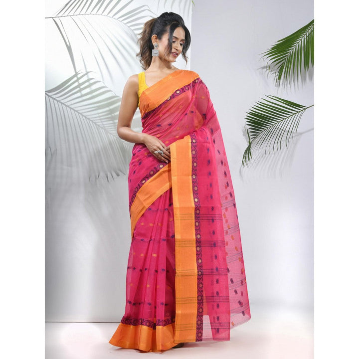 CHARUKRITI Fuchsia Pure Cotton Tant Woven Designs Saree without Blouse