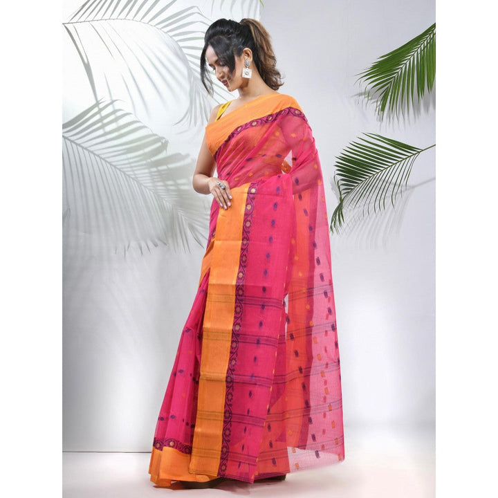 CHARUKRITI Fuchsia Pure Cotton Tant Woven Designs Saree without Blouse