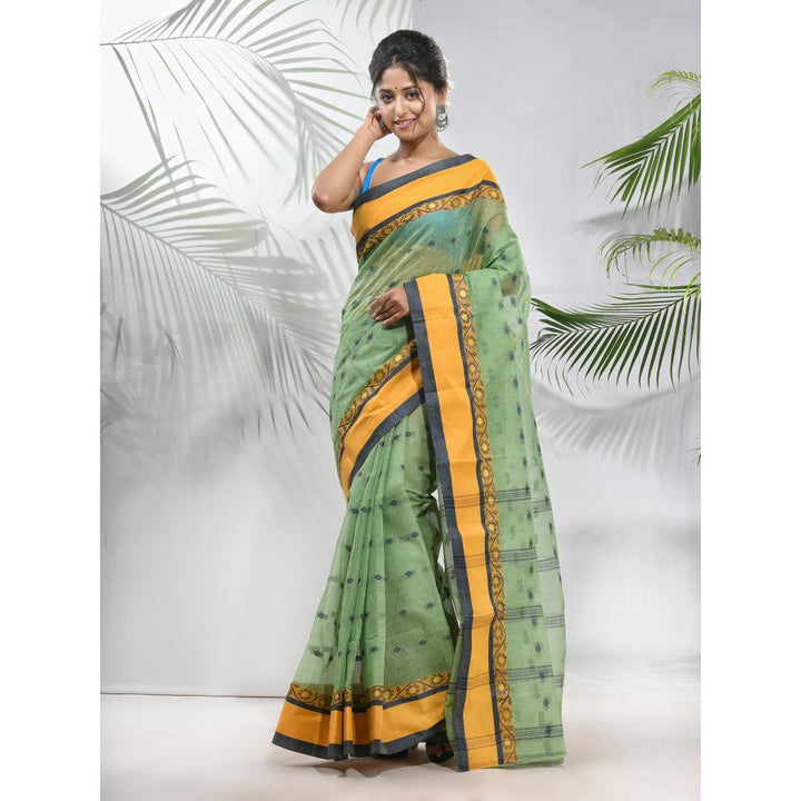 CHARUKRITI Pista Green Pure Cotton Tant Woven Designs Saree without Blouse