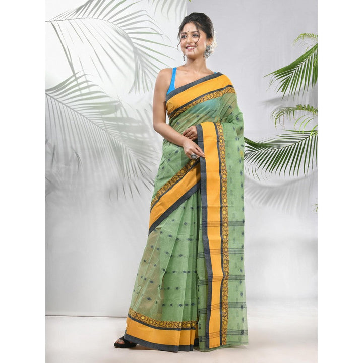 CHARUKRITI Pista Green Pure Cotton Tant Woven Designs Saree without Blouse