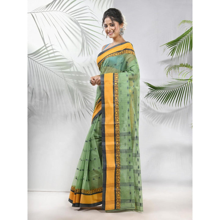 CHARUKRITI Pista Green Pure Cotton Tant Woven Designs Saree without Blouse