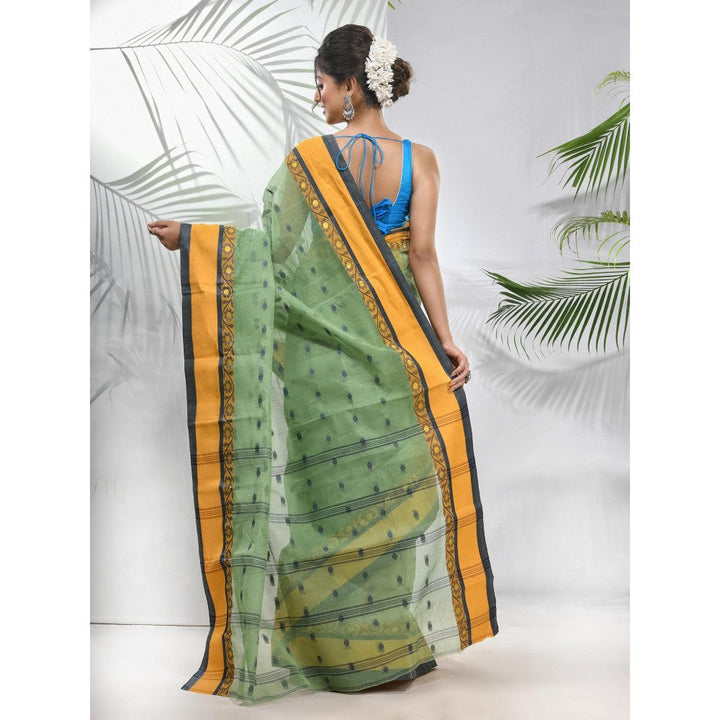 CHARUKRITI Pista Green Pure Cotton Tant Woven Designs Saree without Blouse