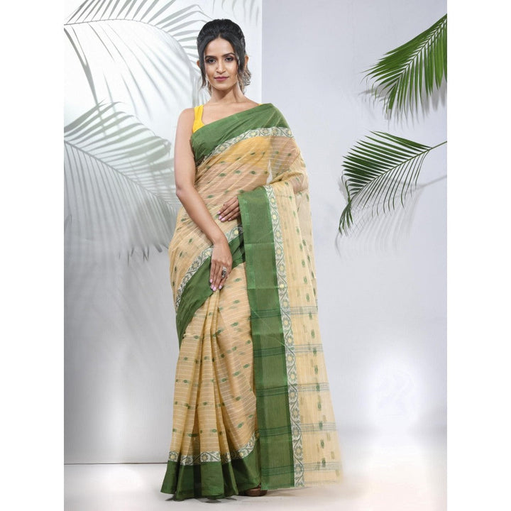 CHARUKRITI Light Beige Pure Cotton Tant Woven Designs Saree without Blouse