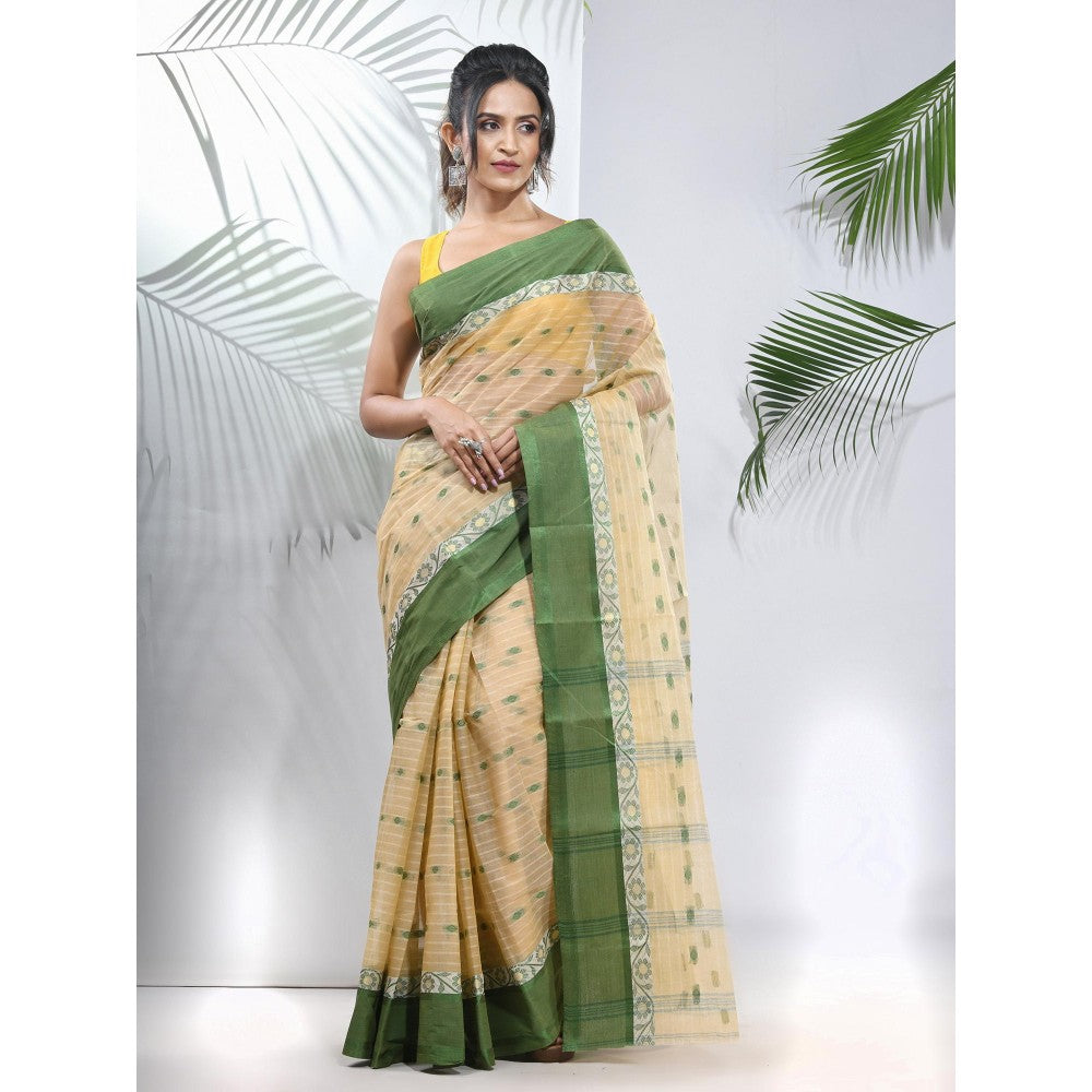 CHARUKRITI Light Beige Pure Cotton Tant Woven Designs Saree without Blouse