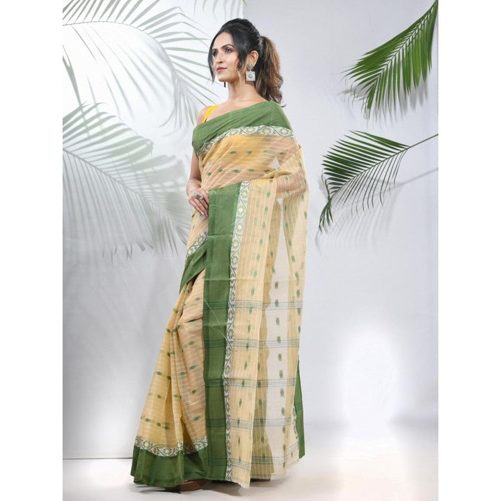 CHARUKRITI Light Beige Pure Cotton Tant Woven Designs Saree without Blouse