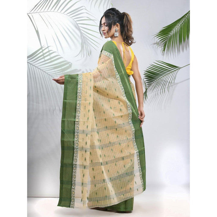 CHARUKRITI Light Beige Pure Cotton Tant Woven Designs Saree without Blouse