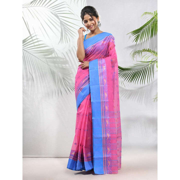 CHARUKRITI Bubble-gum Pink Pure Cotton Tant Woven Designs Saree without Blouse