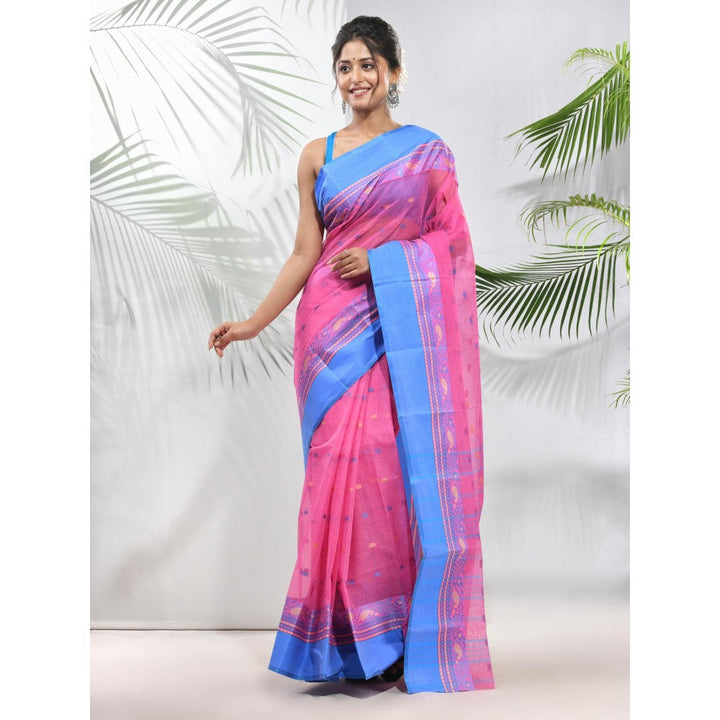 CHARUKRITI Bubble-gum Pink Pure Cotton Tant Woven Designs Saree without Blouse