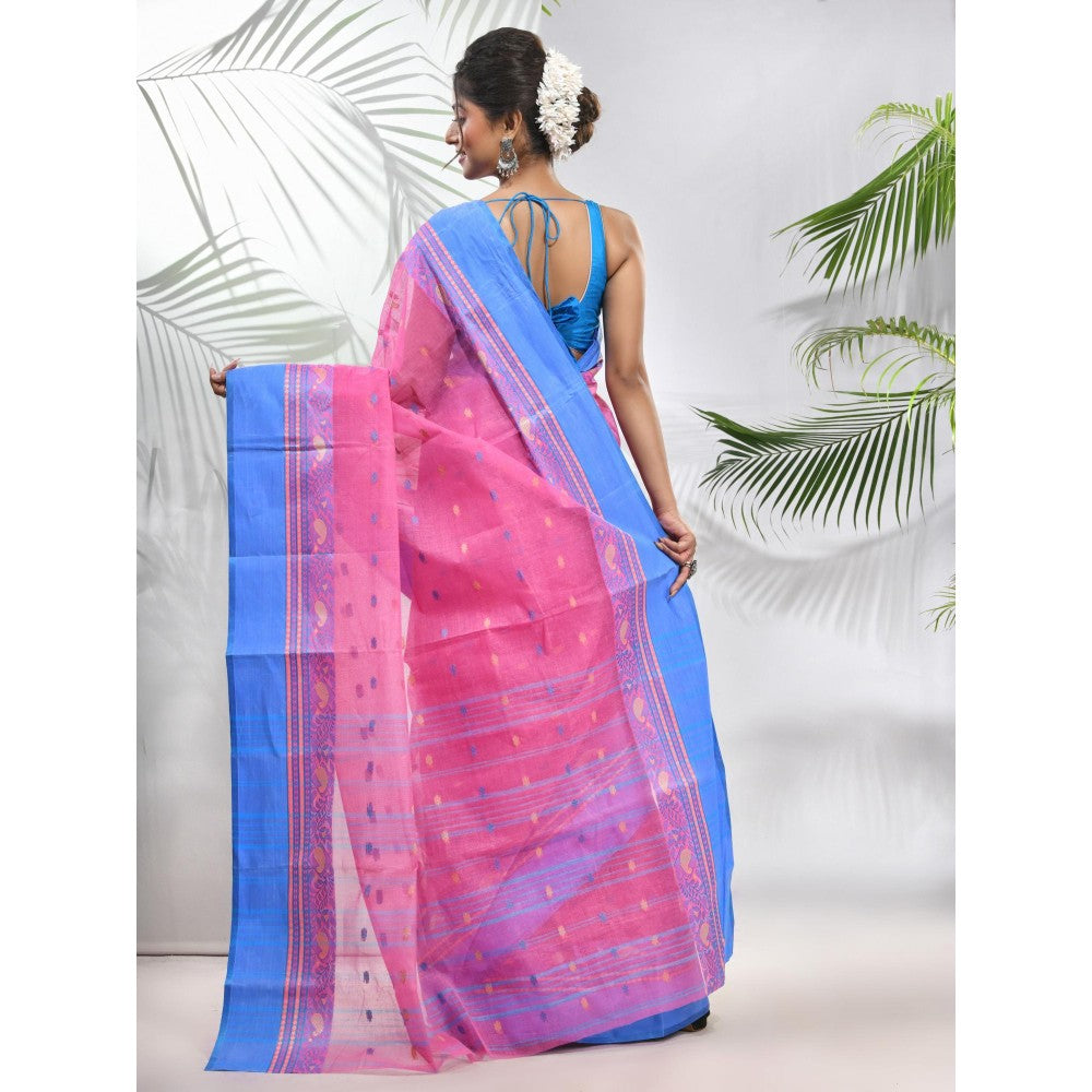 CHARUKRITI Bubble-gum Pink Pure Cotton Tant Woven Designs Saree without Blouse