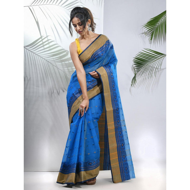 CHARUKRITI Azure Blue Pure Cotton Tant Woven Designs Saree without Blouse