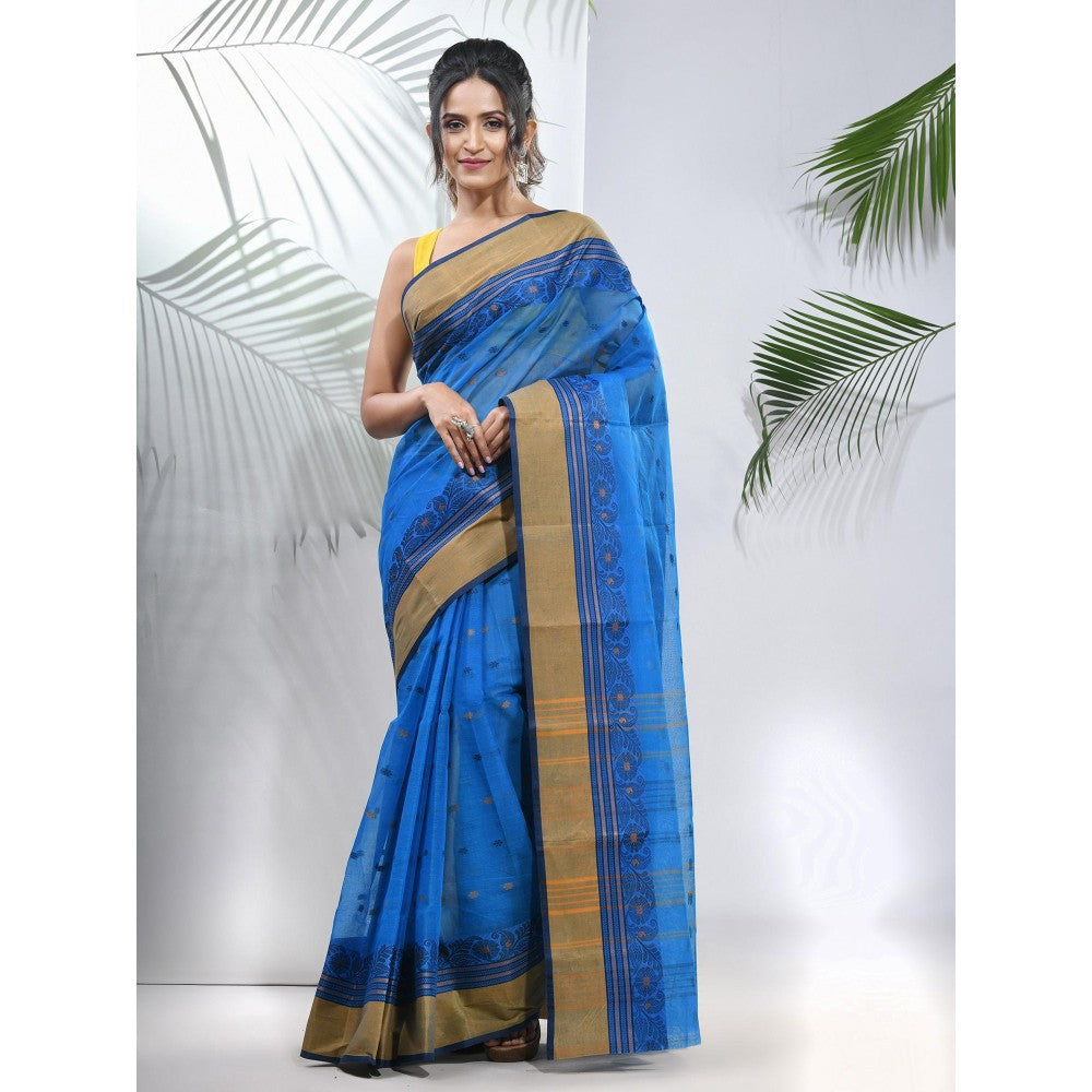 CHARUKRITI Azure Blue Pure Cotton Tant Woven Designs Saree without Blouse