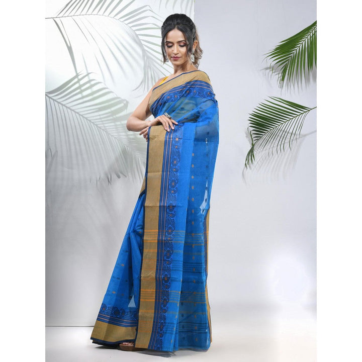 CHARUKRITI Azure Blue Pure Cotton Tant Woven Designs Saree without Blouse