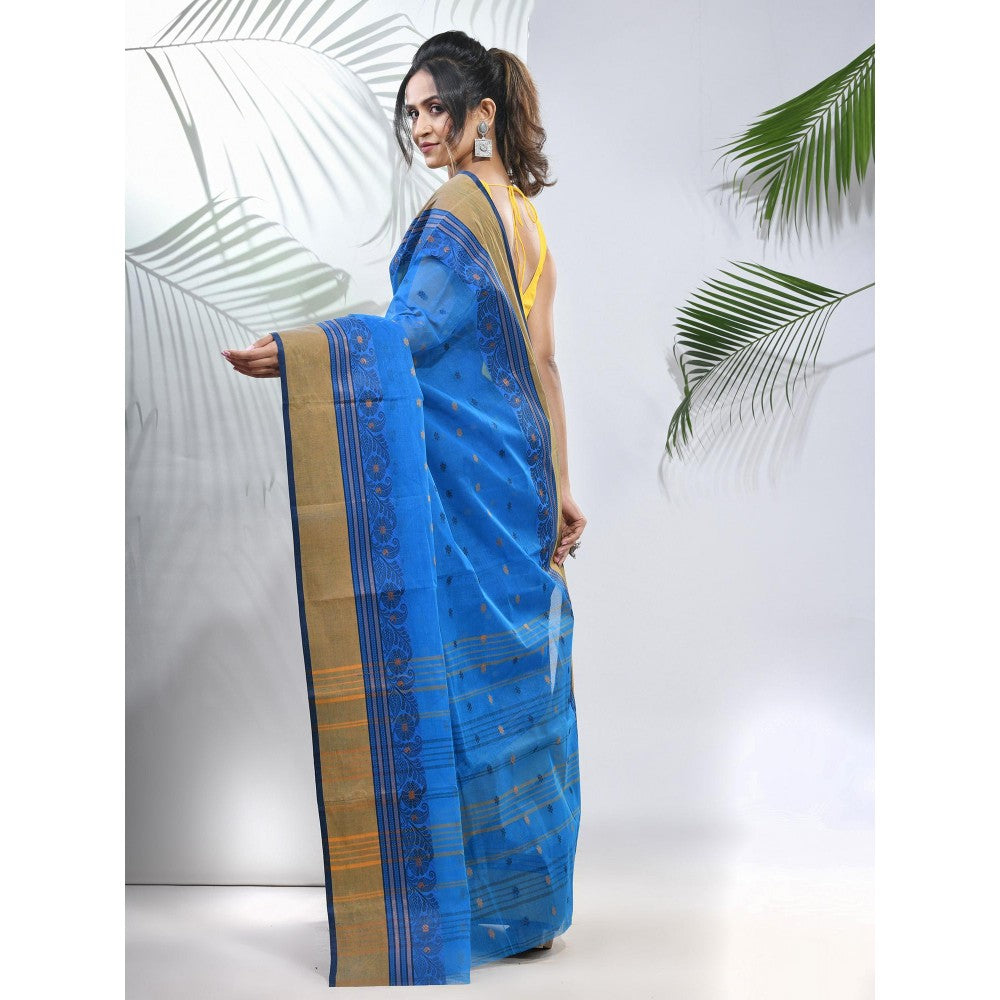 CHARUKRITI Azure Blue Pure Cotton Tant Woven Designs Saree without Blouse