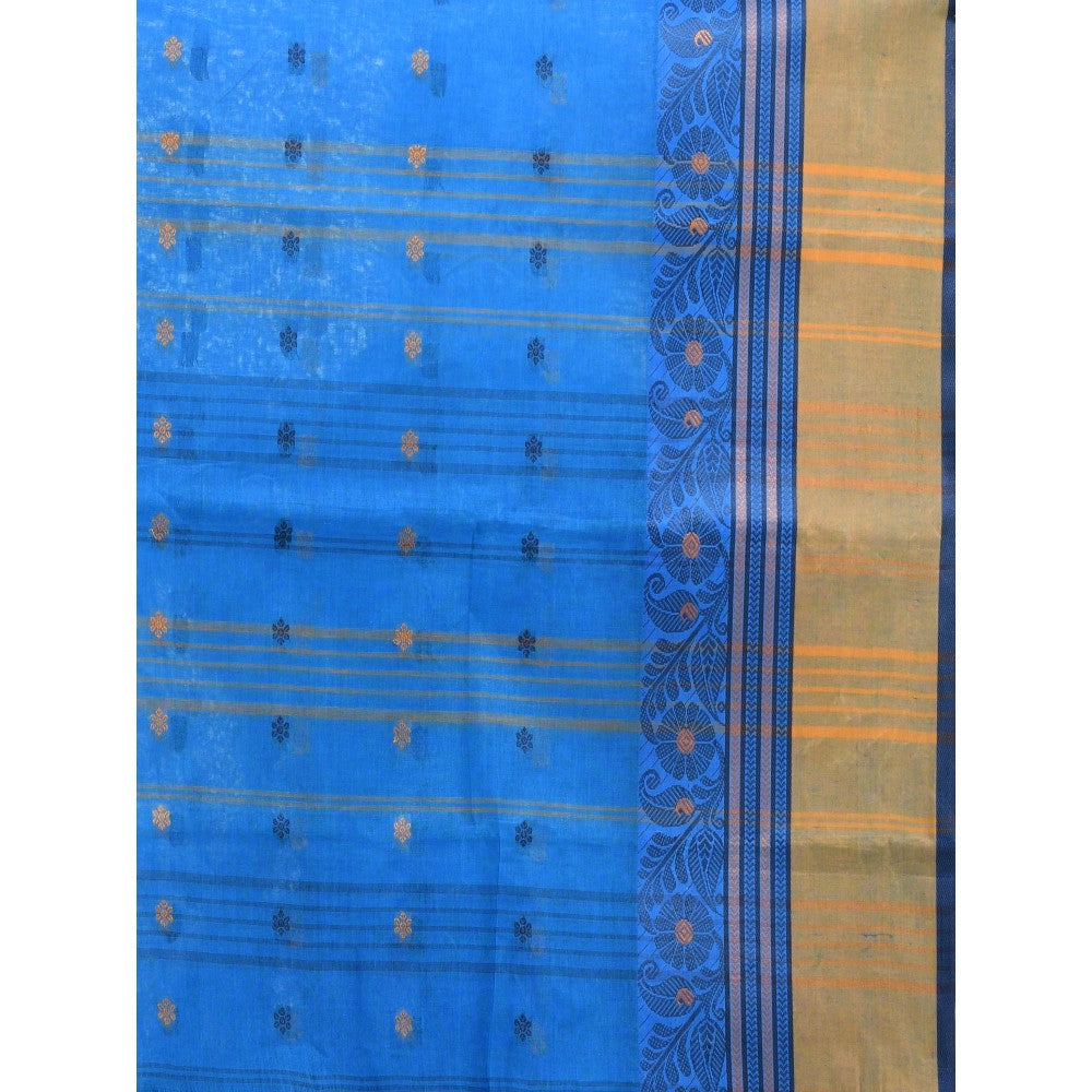 CHARUKRITI Azure Blue Pure Cotton Tant Woven Designs Saree without Blouse