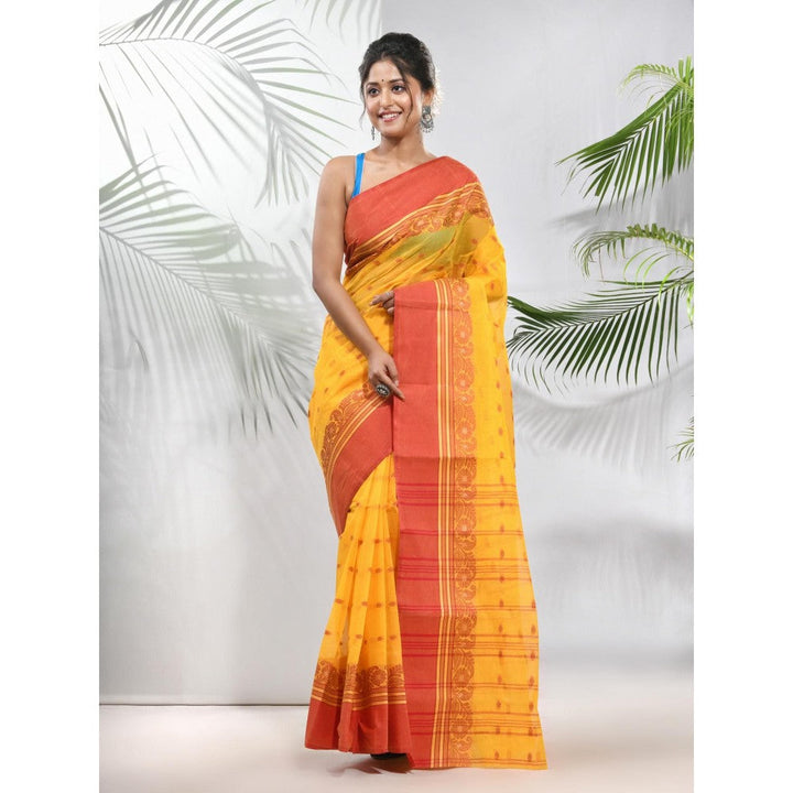 CHARUKRITI Yellow Pure Cotton Tant Woven Designs Saree without Blouse