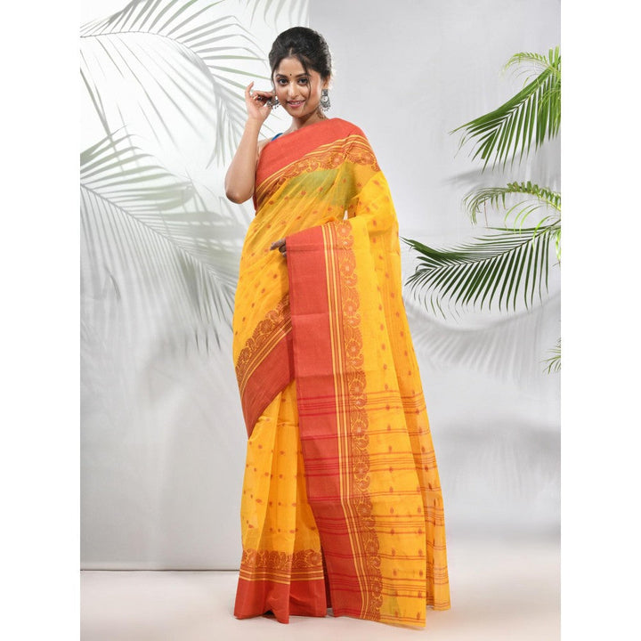 CHARUKRITI Yellow Pure Cotton Tant Woven Designs Saree without Blouse