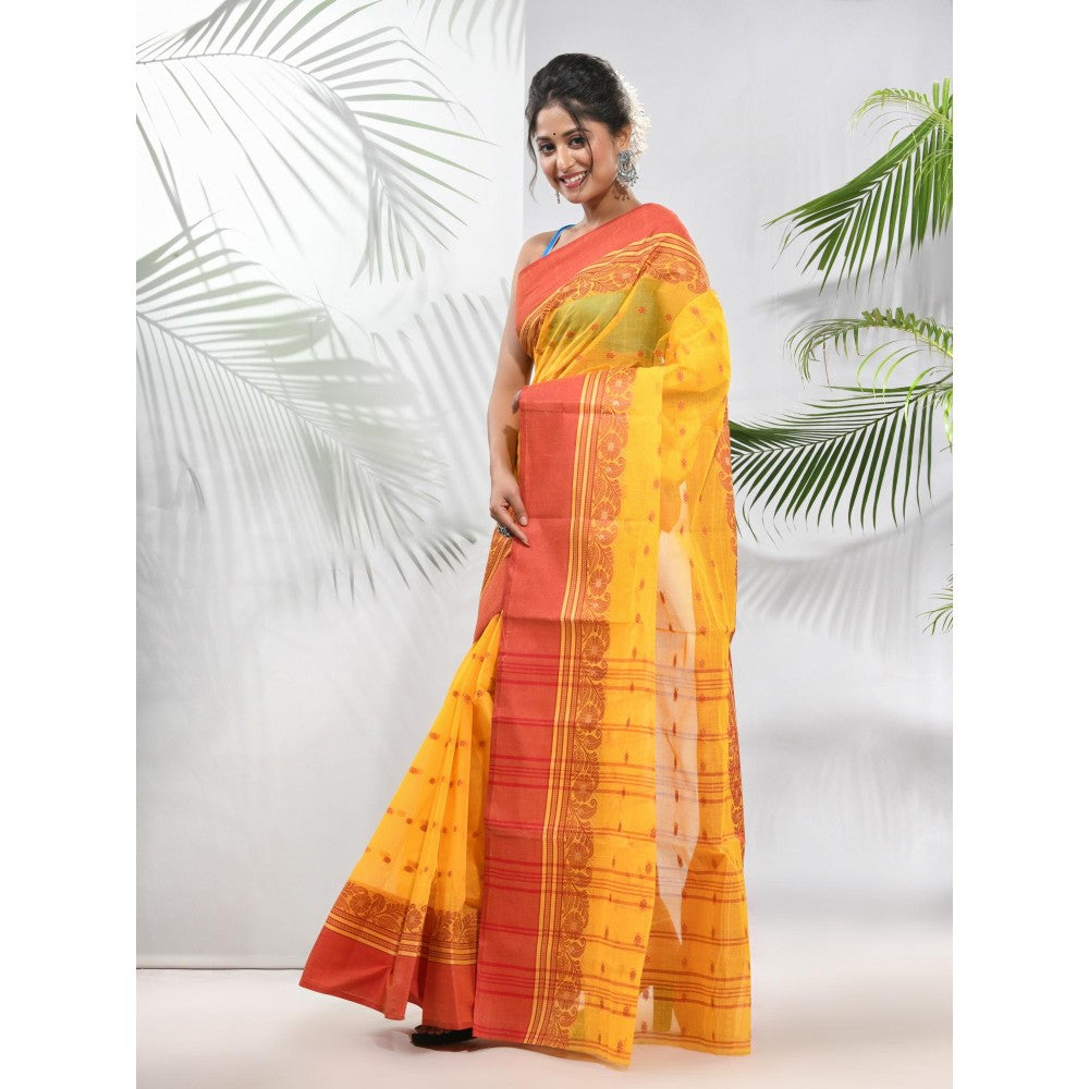 CHARUKRITI Yellow Pure Cotton Tant Woven Designs Saree without Blouse