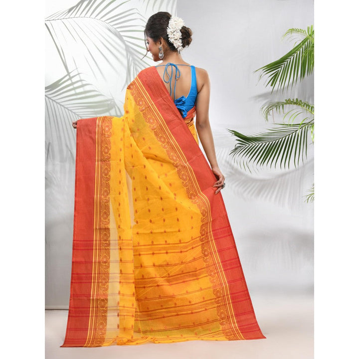 CHARUKRITI Yellow Pure Cotton Tant Woven Designs Saree without Blouse