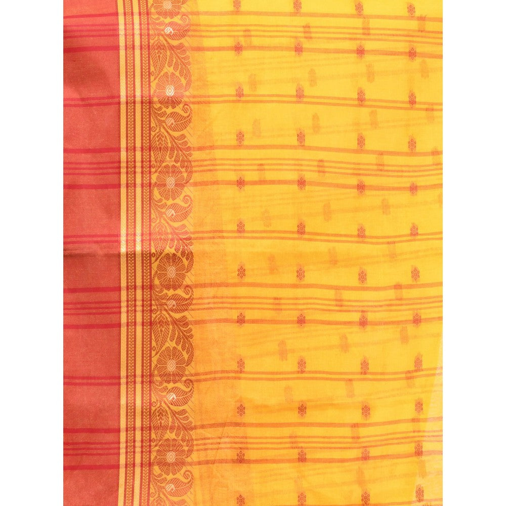 CHARUKRITI Yellow Pure Cotton Tant Woven Designs Saree without Blouse