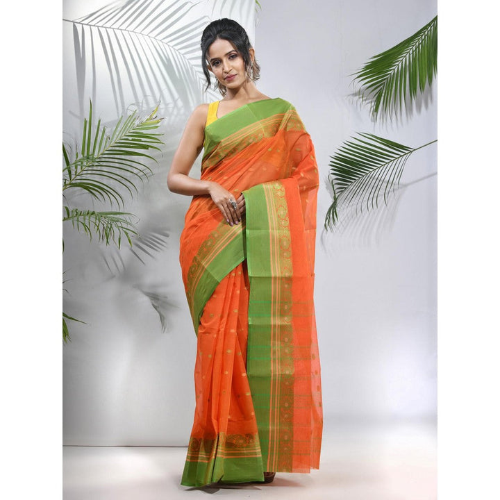 CHARUKRITI Orange Pure Cotton Tant Woven Designs Saree without Blouse