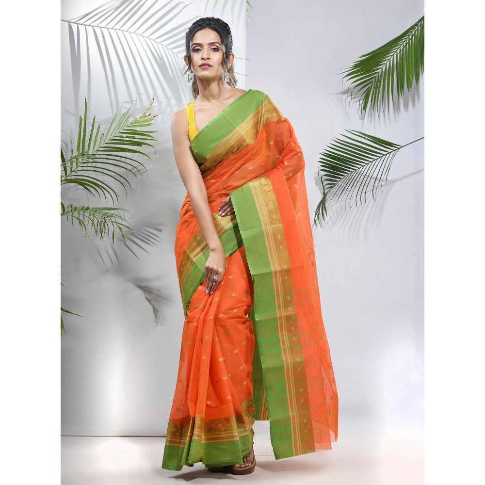 CHARUKRITI Orange Pure Cotton Tant Woven Designs Saree without Blouse