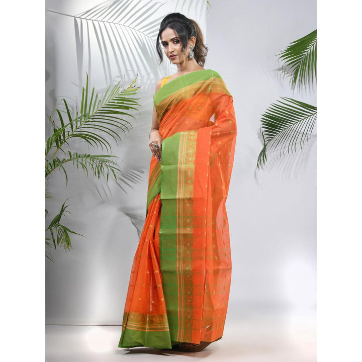 CHARUKRITI Orange Pure Cotton Tant Woven Designs Saree without Blouse