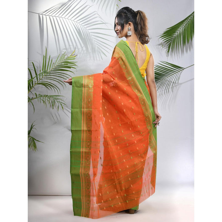 CHARUKRITI Orange Pure Cotton Tant Woven Designs Saree without Blouse