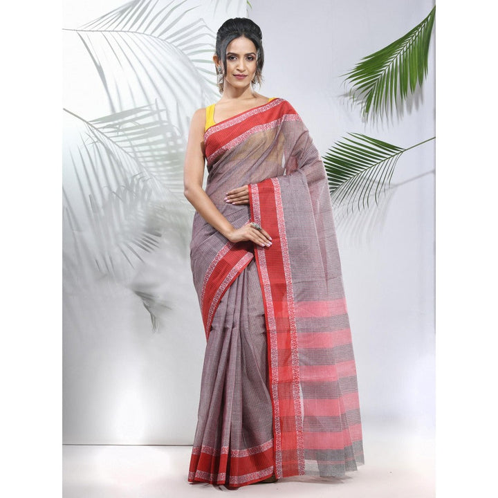 CHARUKRITI Grey Pure Cotton Tant Woven Designs Saree without Blouse