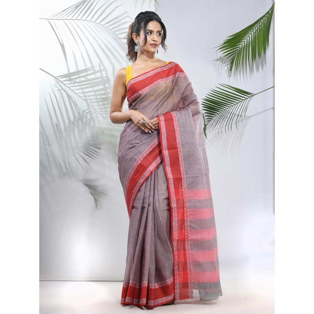 CHARUKRITI Grey Pure Cotton Tant Woven Designs Saree without Blouse