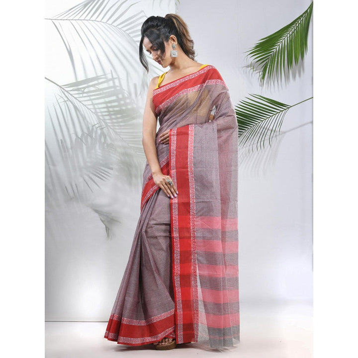 CHARUKRITI Grey Pure Cotton Tant Woven Designs Saree without Blouse