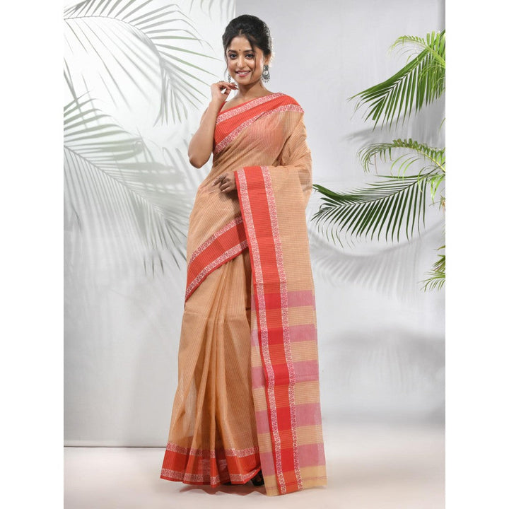 CHARUKRITI Beige Pure Cotton Tant Woven Designs Saree without Blouse