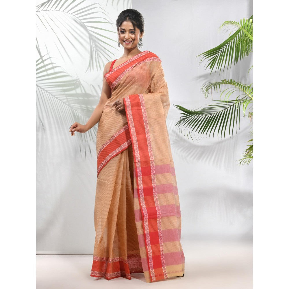 CHARUKRITI Beige Pure Cotton Tant Woven Designs Saree without Blouse