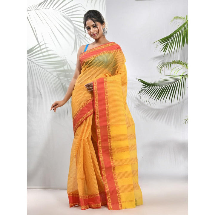 CHARUKRITI Bright Yellow Pure Cotton Tant Woven Designs Saree without Blouse