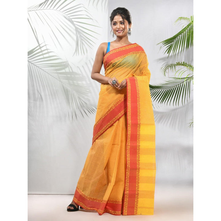 CHARUKRITI Bright Yellow Pure Cotton Tant Woven Designs Saree without Blouse