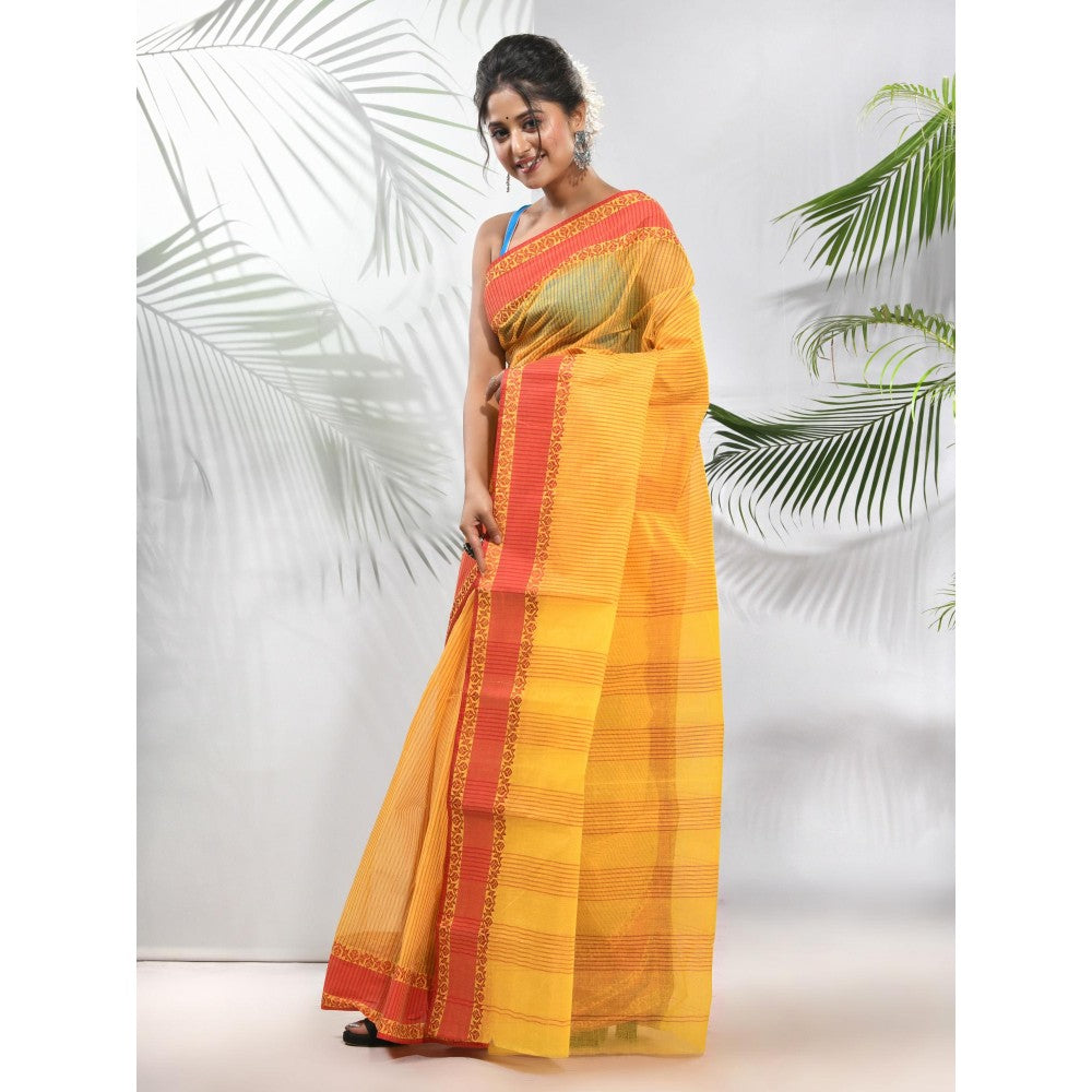 CHARUKRITI Bright Yellow Pure Cotton Tant Woven Designs Saree without Blouse