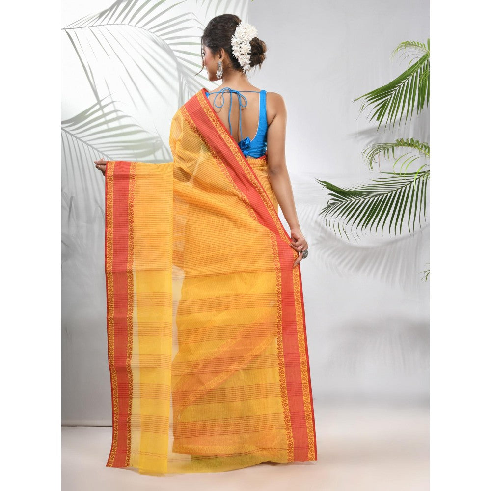 CHARUKRITI Bright Yellow Pure Cotton Tant Woven Designs Saree without Blouse